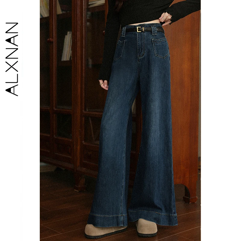 

ALXNAN Women's Blue Jeans 2025 New Autumn High-Waisted Straight-leg Flared Pants Loose Fit Retro Elegant Casual Trousers L576103