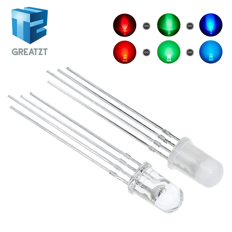 GREATZT  20pcs 5mm RGB LED Common Cathode / Common Anode Tri-Color Emitting Diodes f5 RGB Diffused / Transparent Highlight