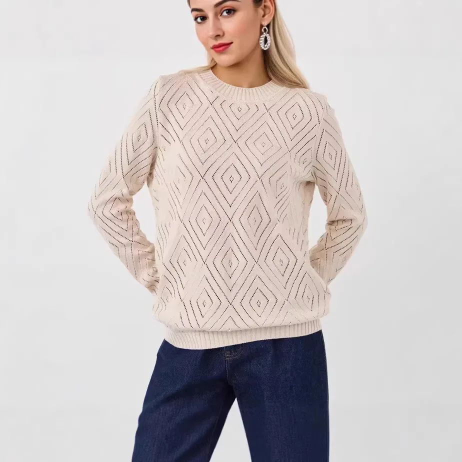 Popular Hollow Knitted Sweater Women's Spring Clothing Fashionable Foreign Loose and Thin Versatile Long-sleeved Top Pullover