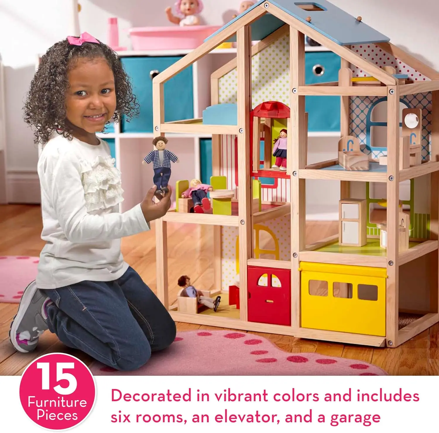 Hi-Rise Wooden Dollhouse With 15 pcs Furniture - Garage and Working Elevator