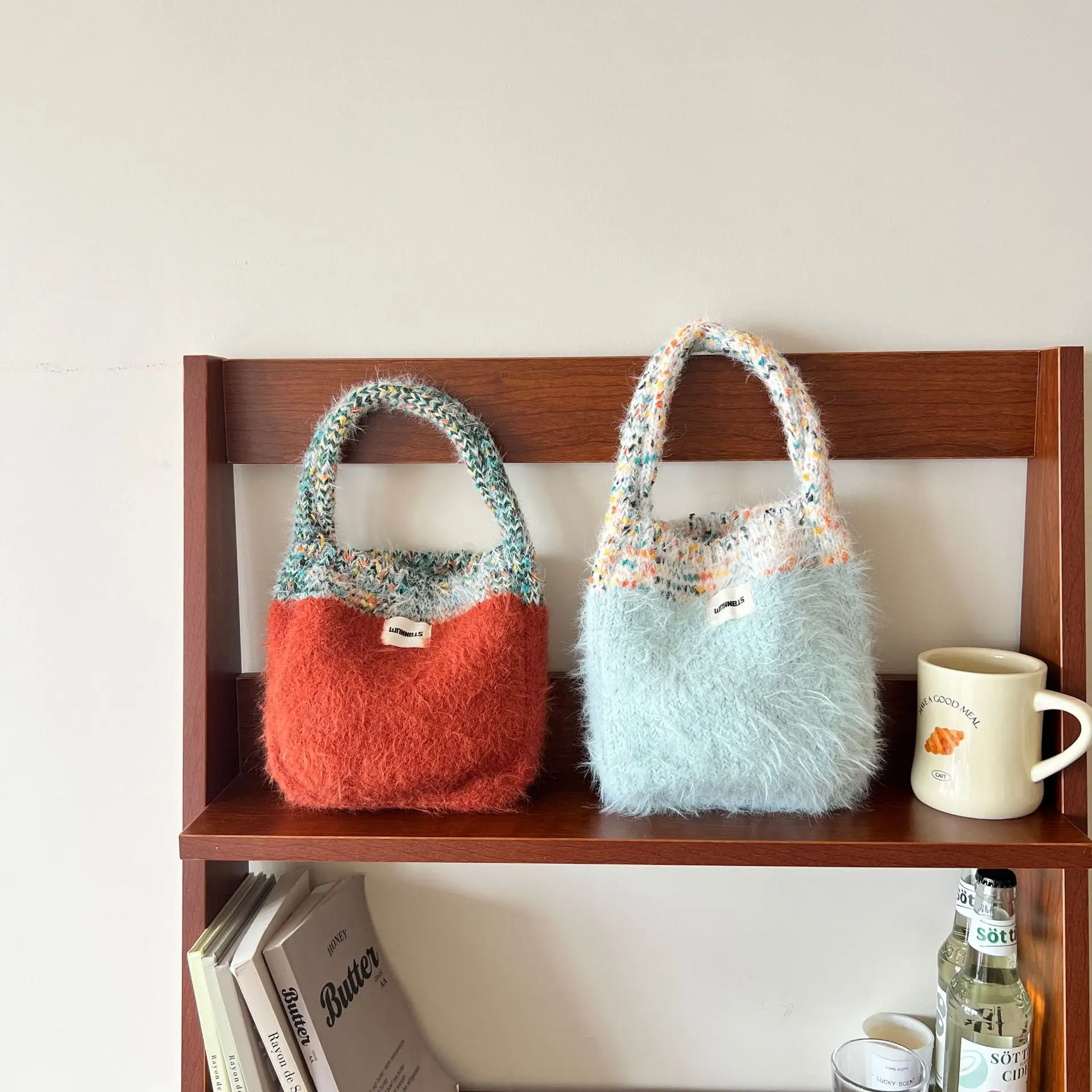 Cute Korea Knitted Hand Shopping Bag for Women Vintage Cotton Knitting Girls Tote Shopper Bag Large Female Handbag Crochet Bag