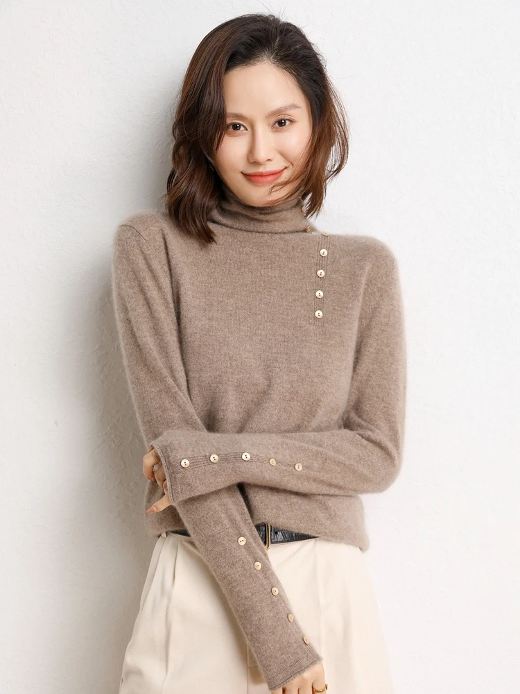 

Autumn Winter New Women's Grace Button Decoration Turtleneck Pullover 100% Cashmere Sweater Fashion Warm Soft Solid Clothing Top