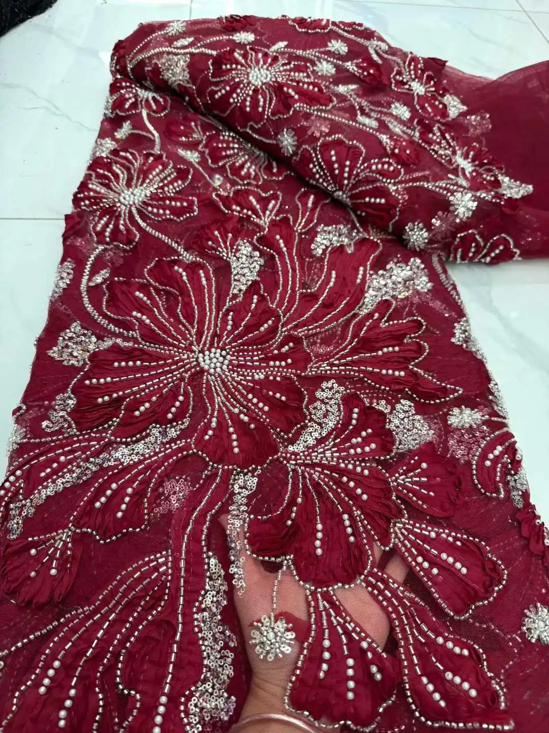Tecido de renda africano com contas de flores 3d 2025, alta qualidade, francês, nigeriano, lantejoulas, bordado, tule, para festa, costura, sz1725