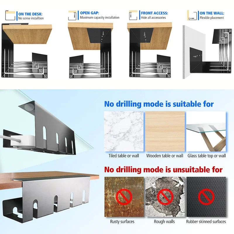 Under Desk Cable Management Cable Winder Tray Under Desk Power Strip Storage Rack Sockets Cord Holder No Drilling Sturdy Basket