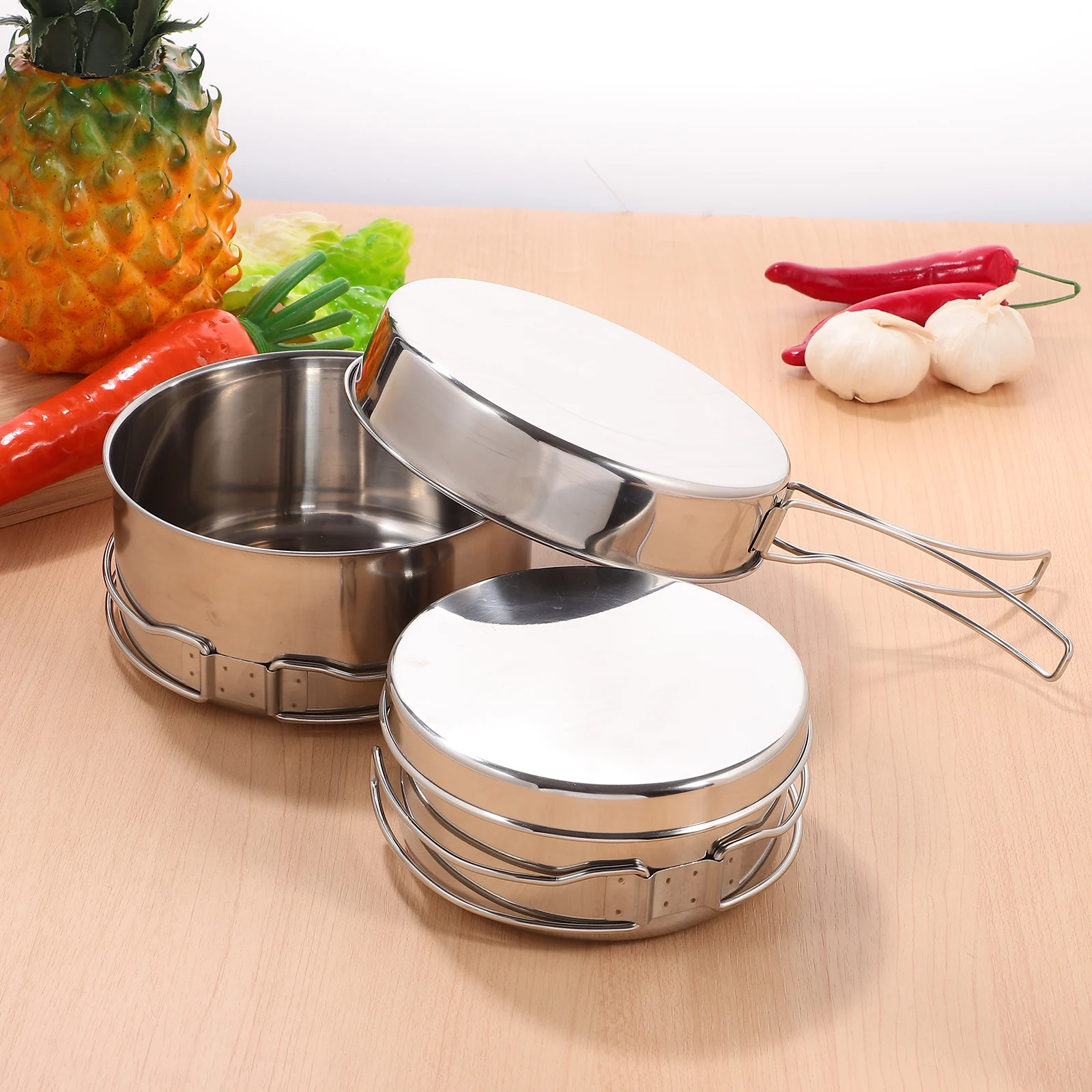 

4 Pcs/Set Stainless Steel Cooking Utensils Camping Cookware Pots Pan Metal Stackable Pans Outdoor Tableware Kit Child Saucepan