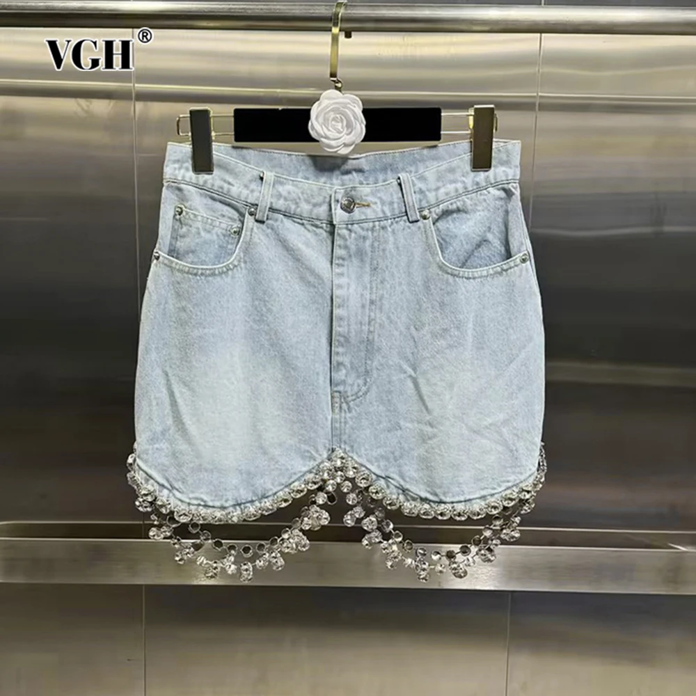 

VGH Solid Patchwork Diamonds Casual Denim Skirts For Women High Waist Spliced Pockets Bodycon Slimming Skirt Female Fashion New