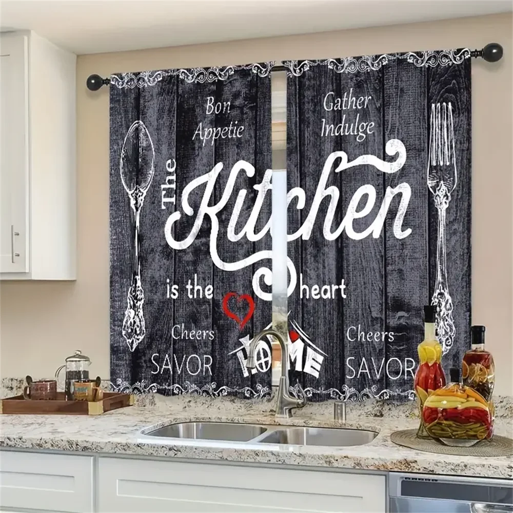 2pcs Farmhouse Kitchen Curtains Rustic Country Short Fork Spoon Knife Savor Vintage Window Treatment For Bedroom Living Room