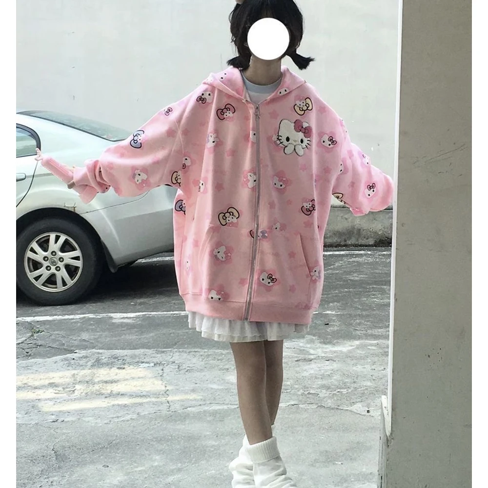 New Cartoon Sanrioed Hellokitty Cardigan Zip Hooded Sweatshirt Cute Kittys Printing Spring and Autumn Thin Coat Tops Anime Gift