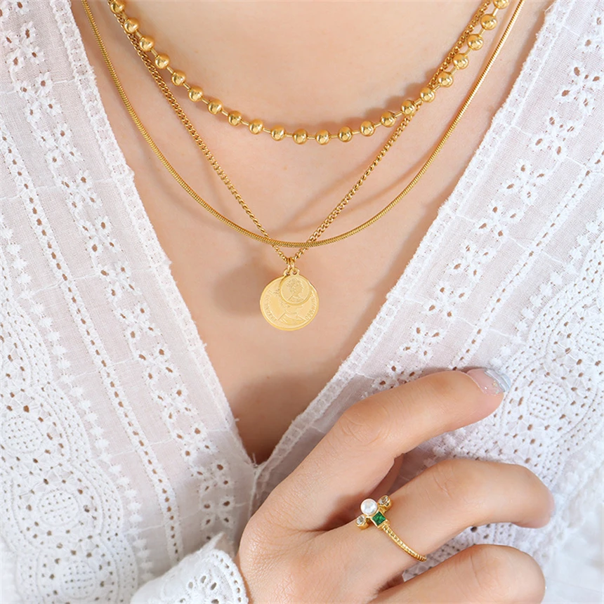 316L Stainless Steelss 3 Layer Separable Geometry Queen's Portrait Pendant Charm Chain Necklaces Fashion High Jewelry Party Gift