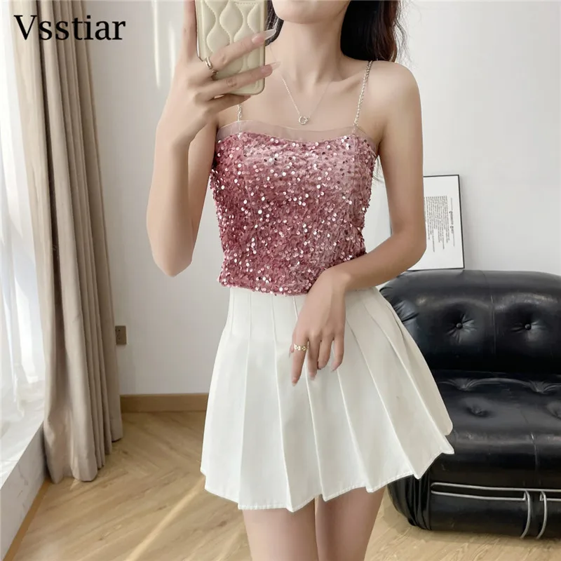 Vsstiar 2024 Summer Sequins Camis For Women Spaghetti Strap Chain Backless Crop Top Sexy Nightclub Party Y2K Tanks Clothes