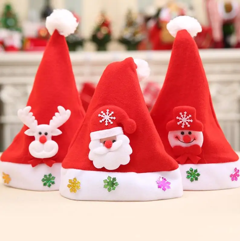 120pcs Non Woven Kids Christmas Hat With Led Light Cartoon Applique Santa Deer Snow Pattern Hats Christmas Supplies ni95