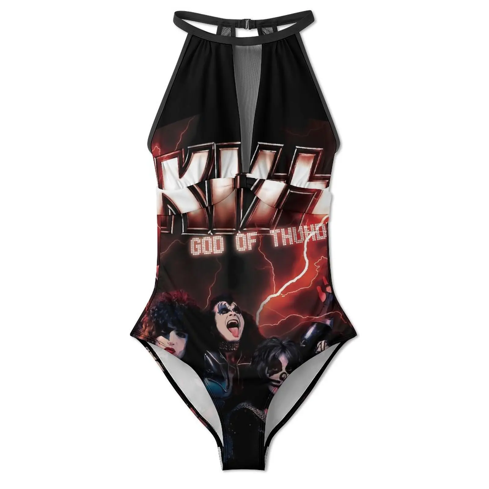 Kiss Band Print Badpak Sexy God Of Thunder Vrouwen Badmode Eendelig Stijlvolle Body Fitness Push Up Hollow Out Strandoutfits