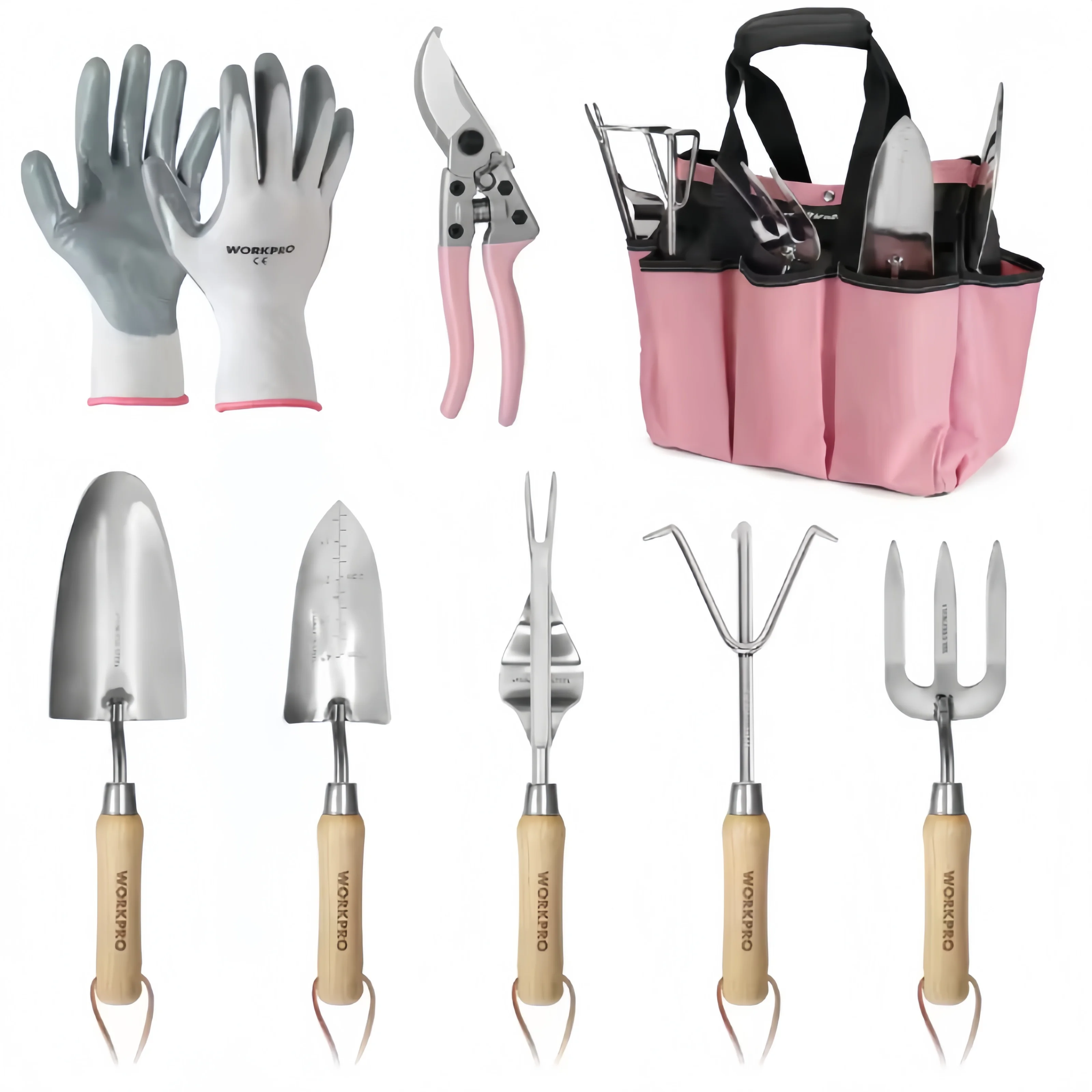 New 8-Piece Pink Garden Tool Set, Stainless Steel Gardening Tools with Wood Handle, Including Garden Tote, Gloves, Trowel
