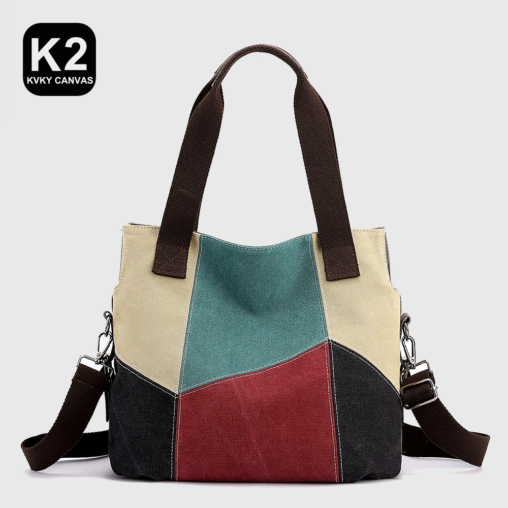 

KVKY Panelled Patchwork Canvas Handbag Women Large Capacity Bag Shopping Tote Bag Girls Canvas Shoulder Bag Light Casual Pouch