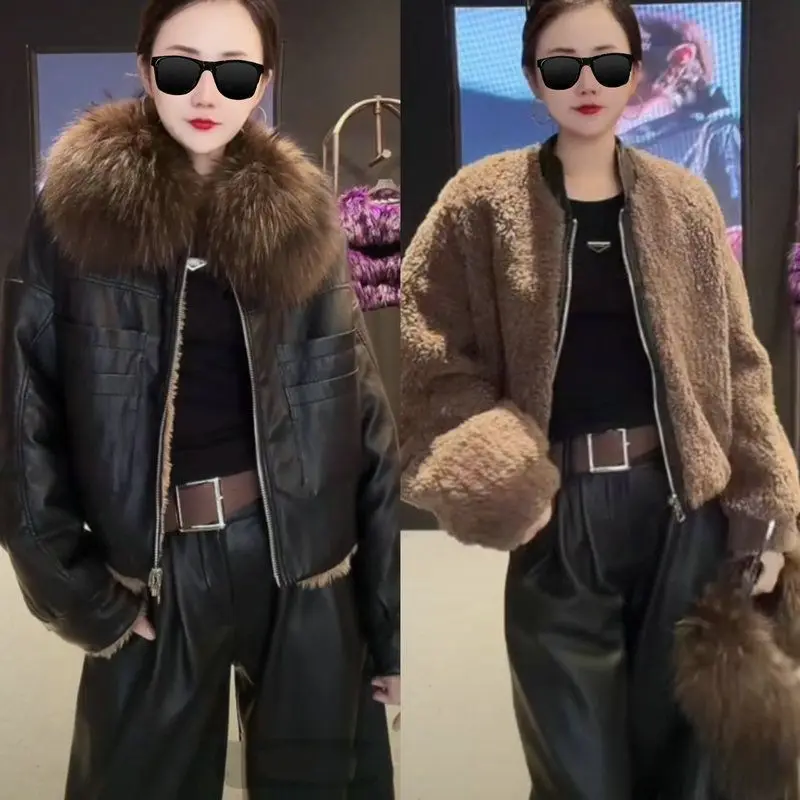 

Новая зимняя корейская модная кожаная куртка с большим меховым воротником, теплая, приталенная, универсальная, трендовая верхняя одежда
