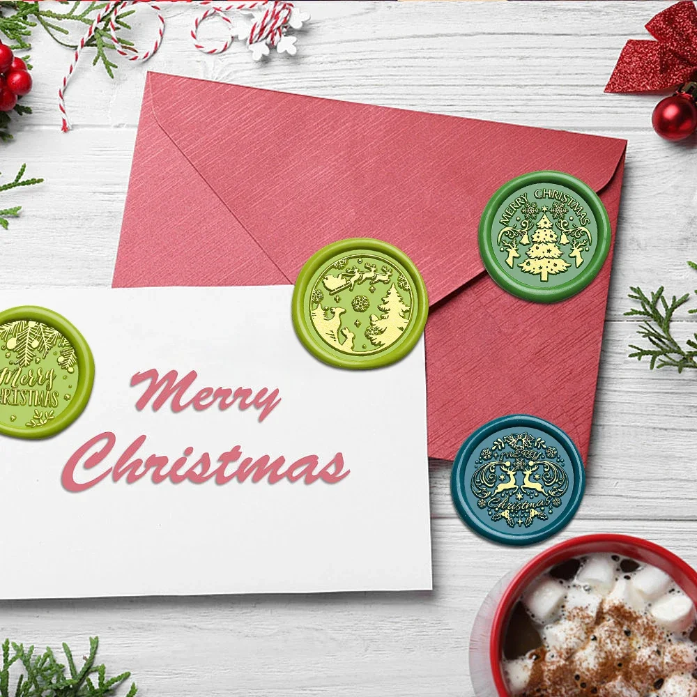 مجموعة ختم من الشمع لموسم عيد الميلاد، 4 رؤوس ختم بتصميم ومقبض واحد لتزيين حفلات عيد الميلاد ومغلفات بطاقات المعايدة