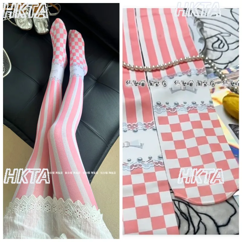 Lolita Sweet Pink Striped Print Plaid Velvet Pantyhose Cosplay Girl Long Stockings Women's Spring/summer Kawaii Socks Tights