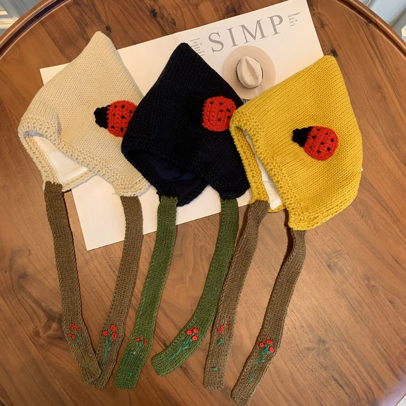 Autumn and Winter Baby Hat Cute Baby Warm Knit Hat Boy Girl Ear Protector Strap Thick Woolen Hat