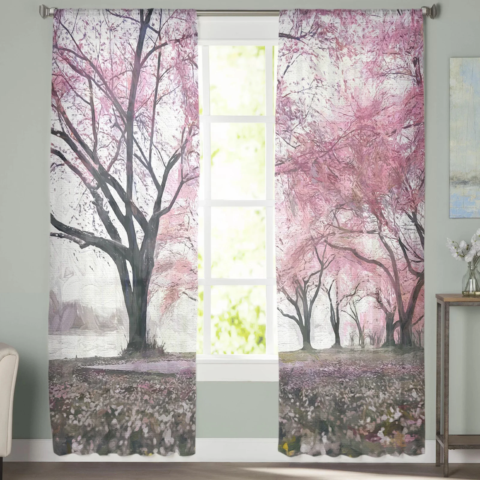 Pink Cherry Blossom Forest In Oil Painting Style Sheer Curtains for Living Room Bedroom Window Treatment Kitchen Chiffon Curtain