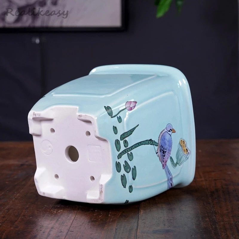 Chinese Light Luxury Purple Clay Succulent Flower Pot Square Glazed Painted Orchid Bonsai Pot Home/Office Desktop Decor LJ118