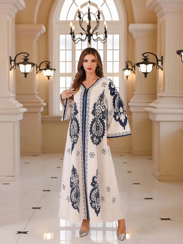 Modest Diamond Muslim Dress for Women Abaya Ramadan Turkey Kaftan Islamic Eid Print Robe Femme Jalabiya Caftan Morocco Vestidos