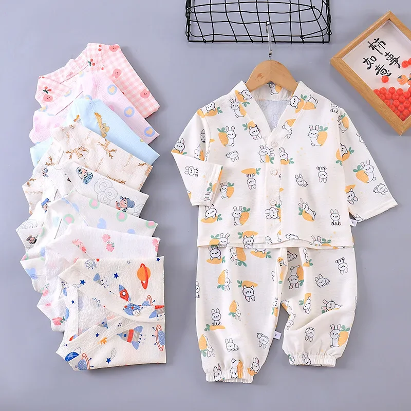 

New 2024 Kids Summer Pajamas Baby Boys Girls Cartoon Long Sleeve V-neck Shirt Tops + Pants Children's Clothing Sets Loungewear