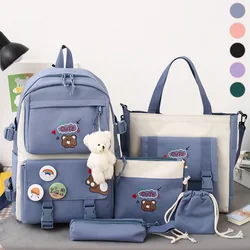 5Pcs/Set Cute School Bags for Girls Backpack Kids Double Shoulders Bag Oxford Cloth Handbag Coin Purse Pencil Bag Crossbody Bag