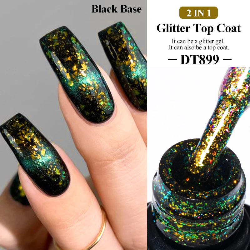 MEET ACROSS 2 NI 1 Glitter No Wipe Top Coat For Nail Art Retro Green Nails 7ml Soak Off UV Gel Nail Polish Need Black Base Gel