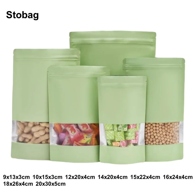 

StoBag 100pcs Light Green Matte Food Packaging Zipper Bag Stand Up Sealing Window for Snack Nuts Beans Storage Reusable Pouches