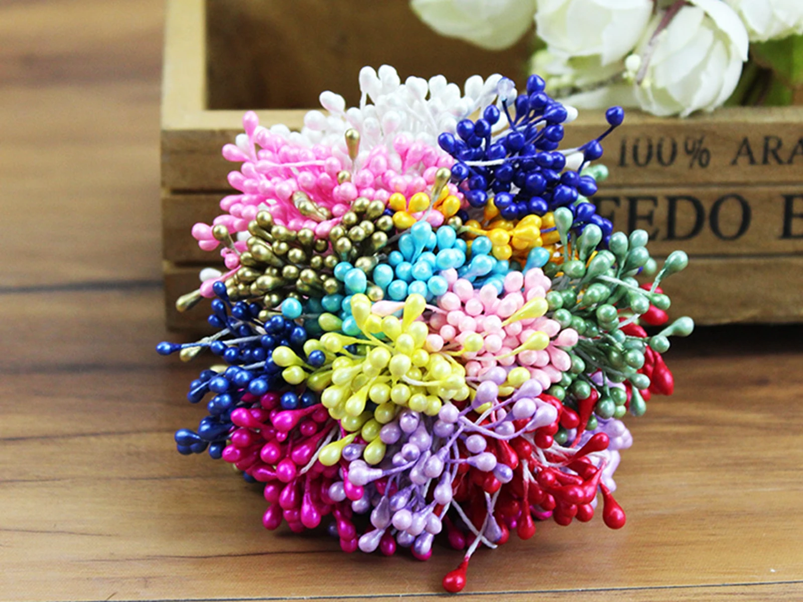 560 Pcs Pearl Effect Artificial Flower Stamen Double Round Heads Cotton String for Wedding Millinery Sugarcraft