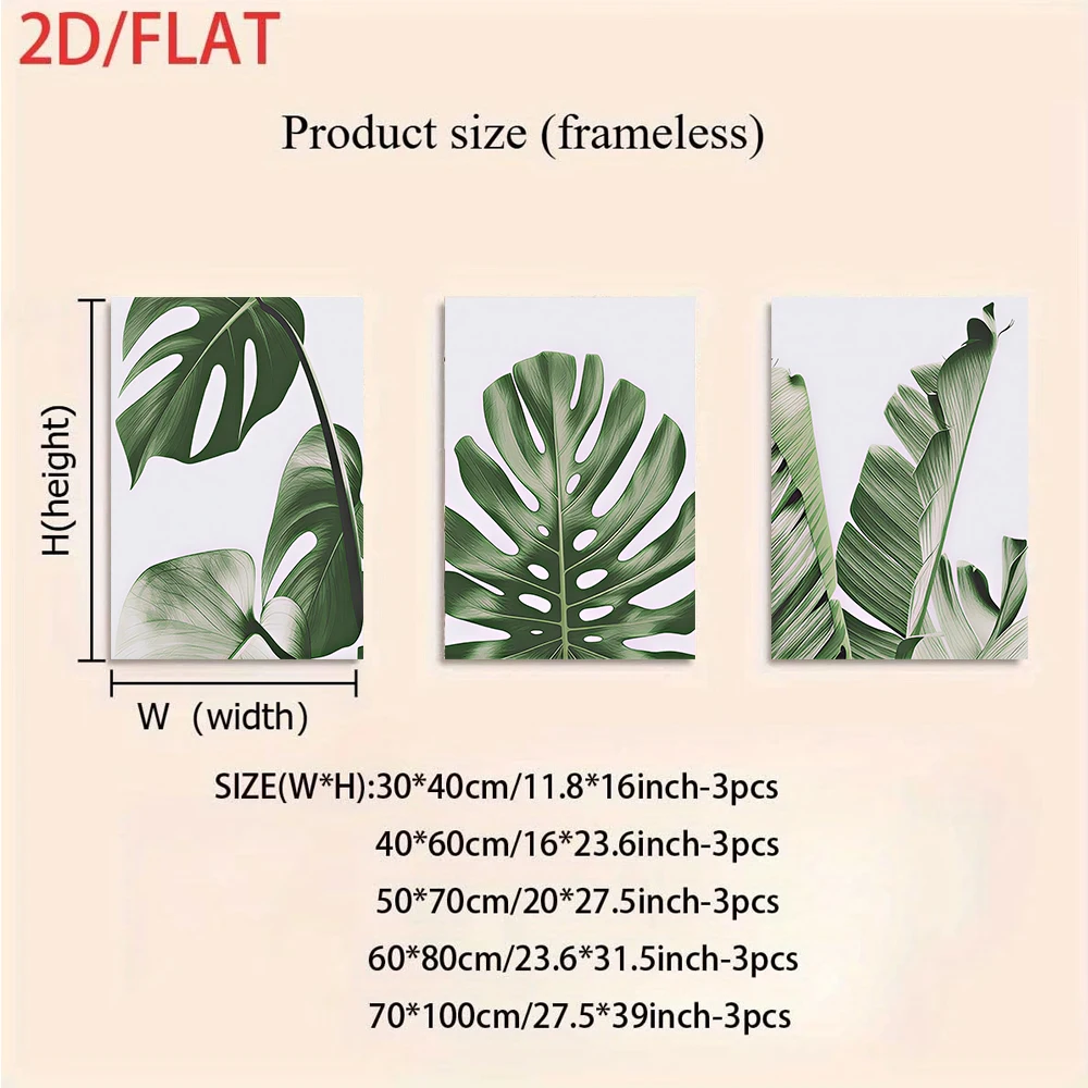 3PCS Frameless,1 Set Modern Min Green Plant triptych frameless Wall Art, Tropical Plant Leaf for Living Room Sofa Backdrop Home