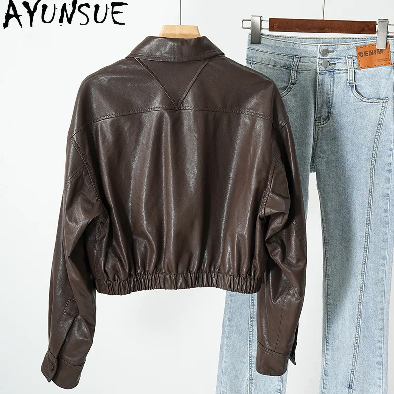 AYUNSUE Echtes Leder Jacke Frauen Echt Schaffell Frauen Mantel Frühling Herbst Kleidung 2025, Gemüse Bräunung Jaqueta De Couro