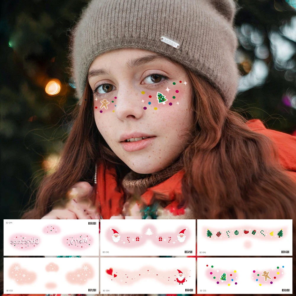 Cute Sweet Christmas Facial Tattoo Stickers Waterproof Long Lasting Cartoon Pattern  Body Art Temporary Tattoos Accessories Gift