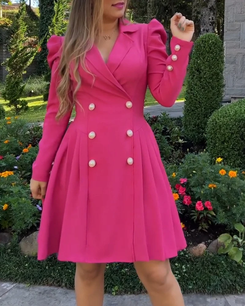 

Office Lady Women's Blazer Dress Spring Notched Collar Puff Sleeve Double Breasted Cinch High Waist A Line Mini Dress Elegant