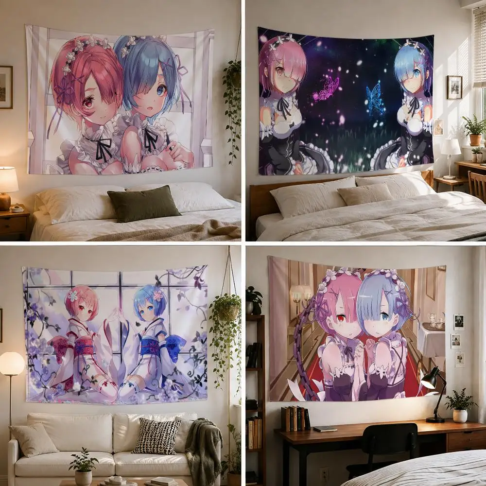 R-Rem & R-Ram Anime Tapestry Custom Living Bedroom Party Dormitory interior Wall bohemian Decoration Attached clip