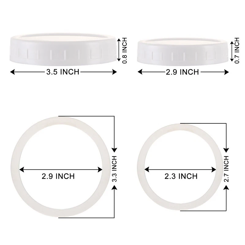 Mason branco Canning beber frascos com tampa, Unlined com nervuras tampas, armazenamento Caps substituições, diâmetro interno, tampas plásticas, 70mm, 86mm, 10 Pcs