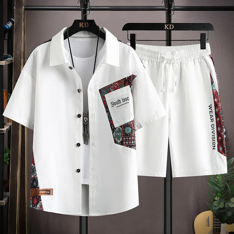 

Весна/Лето 202, новый мужской комплект рубашек с принтом, модные трендовые шорты, повседневная мужская рубашка + шорты, комплект из двух предметов, подходит для фитнеса
