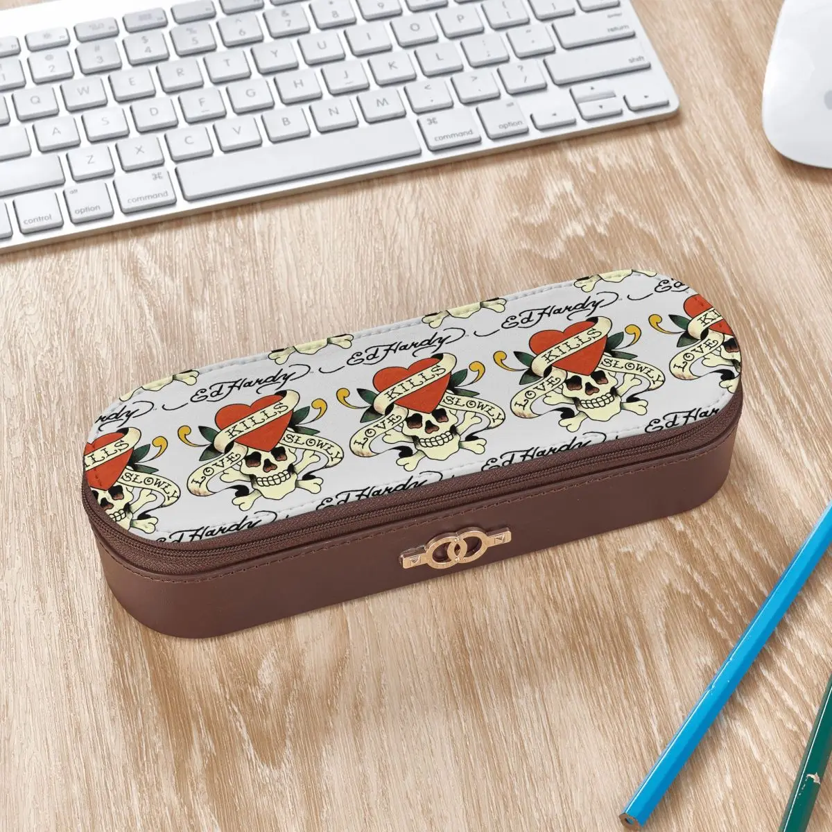 Ed Hardy Love Kills Slowly Leather Pencil Cases Pen Holder Storage Stationery Supplies Pen Box Pencil Bag for Studen Gifts