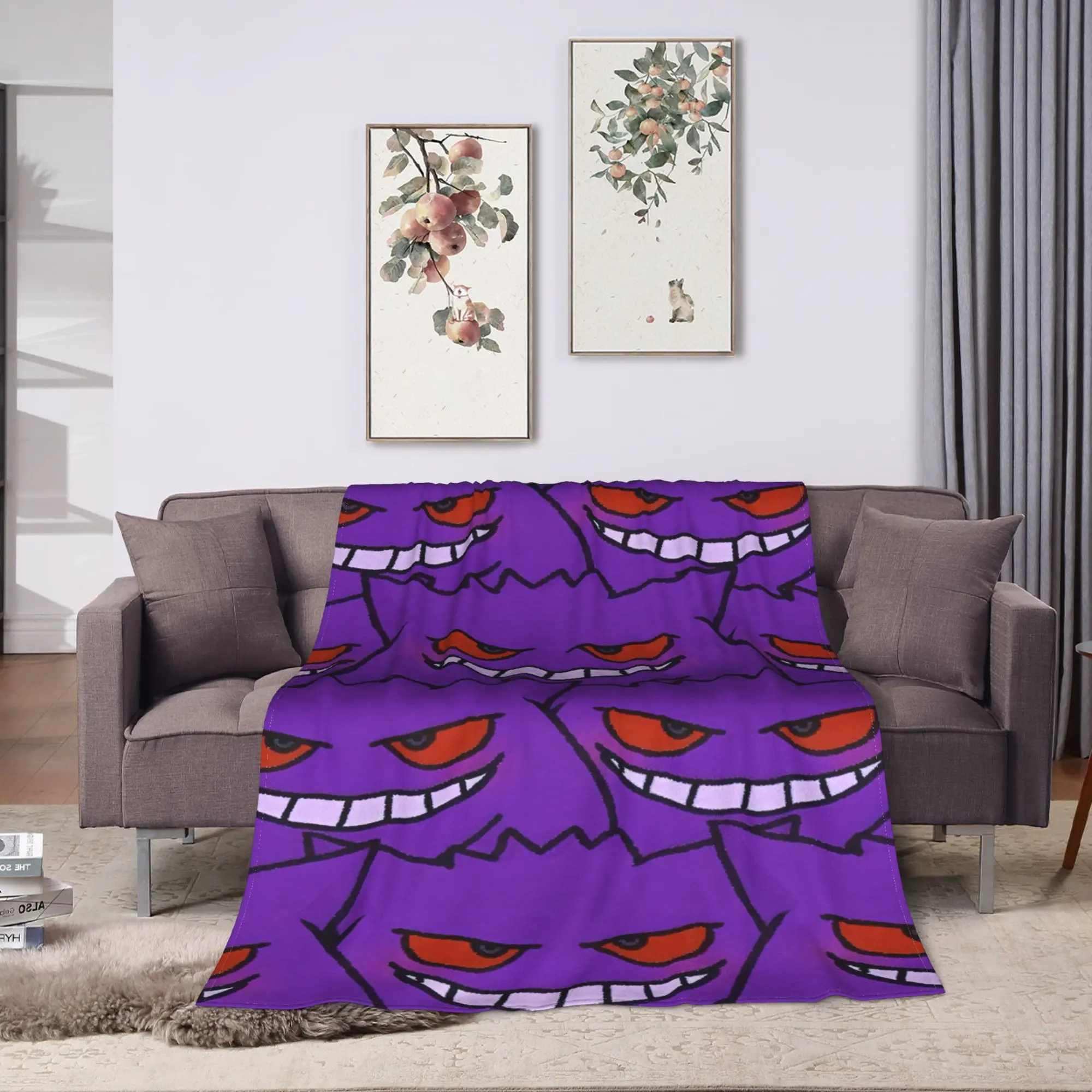 Cartoon Gengar Purple)Blanket Pokemoned Decorative Flannel Throw Blanket For Living Room Soft Warm Bedspread Gift Idea
