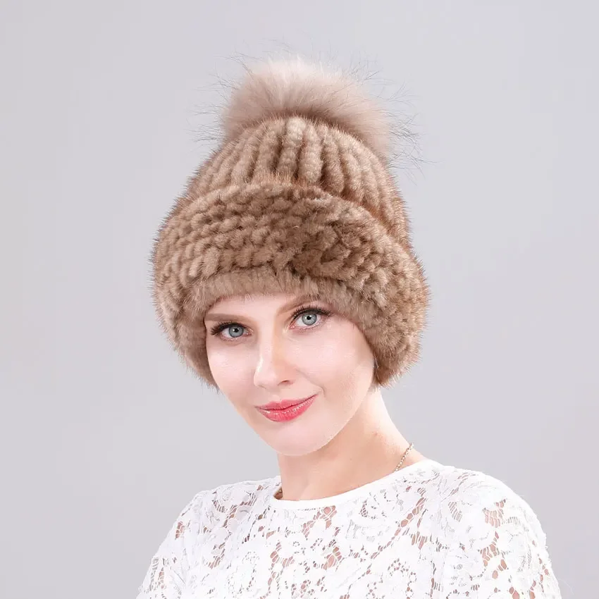 

Real Mink Fur Hat for Women Winter Knitted Hat with Fox Fur Pompom Luxury Thicken Mink Fall Cap Female Beanies Bonnets Wholesale