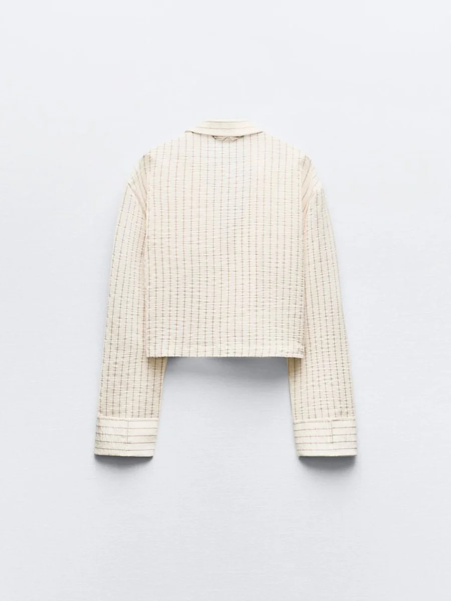 Letnia Nowa Damska Bluzka Stójka Plisowana Efekt Paski Długi Rękaw Do Pracy Sle 00% Inny Materiał