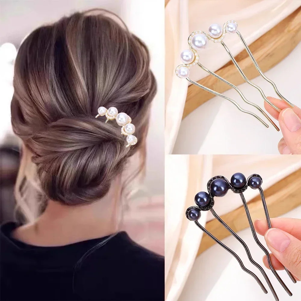 Black Pearl Hair Fork Clip Women Girls Hair Pin Combs Messy Bun Hairpins Clip Side Combs Updo Sticks Hair Accessories Gifts