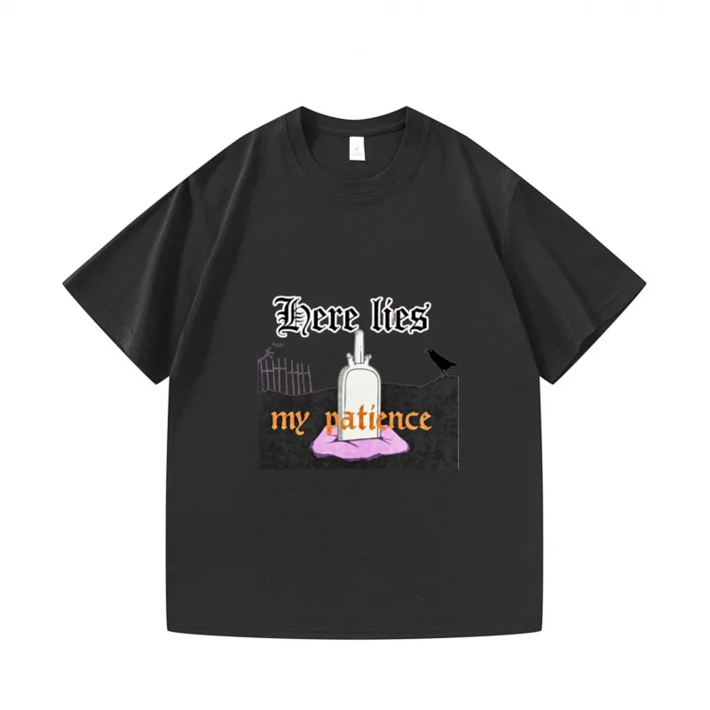 

Мужская футболка черная Here Lies My Patience с графическим принтом, повседневная повседневная одежда, топ в уличном стиле