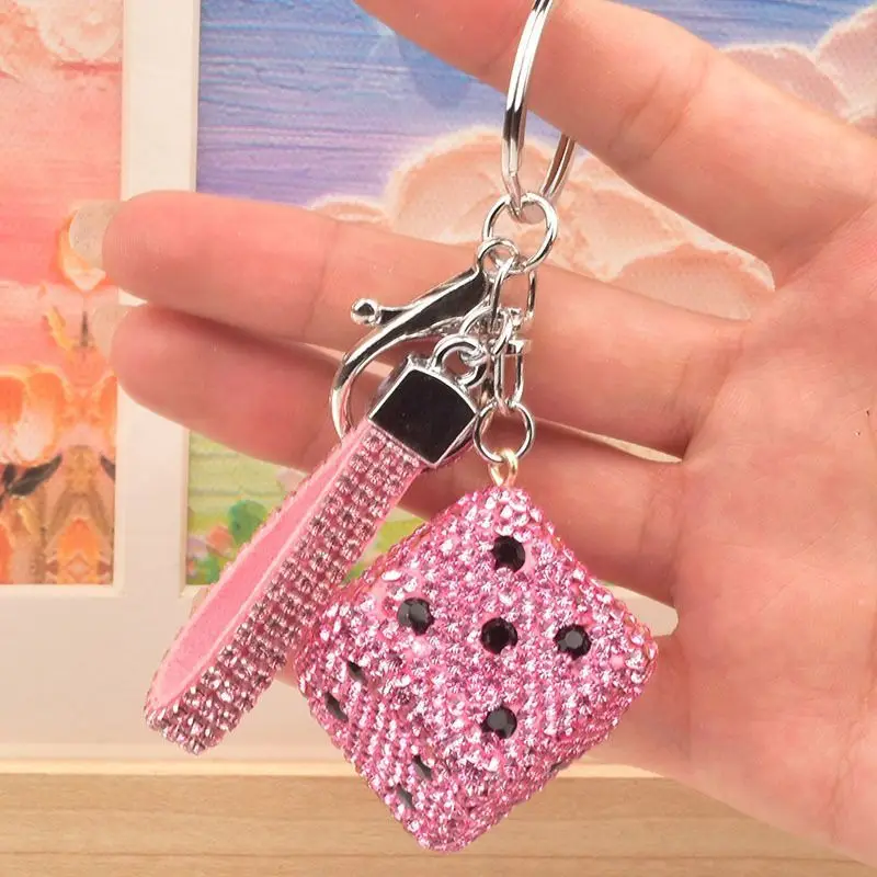 Luxury Sparkling Rhinestone Pink Dice Bag Charm Glitter Crystal Dice Keychain Fashion Accessory Gift For Game Casino Enthusiasts