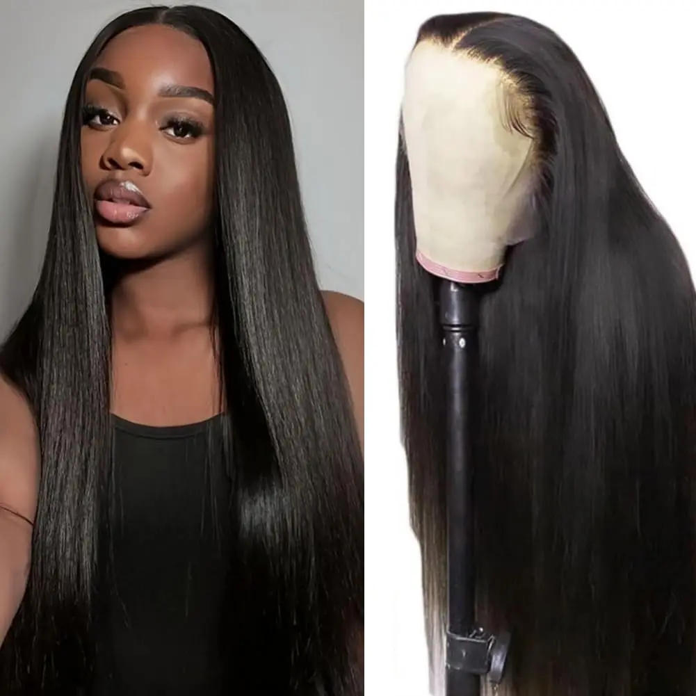 Cueki 32 Inch Straight Wigs  13x4 Lace Front wig 200 Density |  Synthetic Black Wig With Pre Plucked Hairline For Women HD Transparent Long Straight Black Lace Wigs Frontal Wig Glueless Wigs