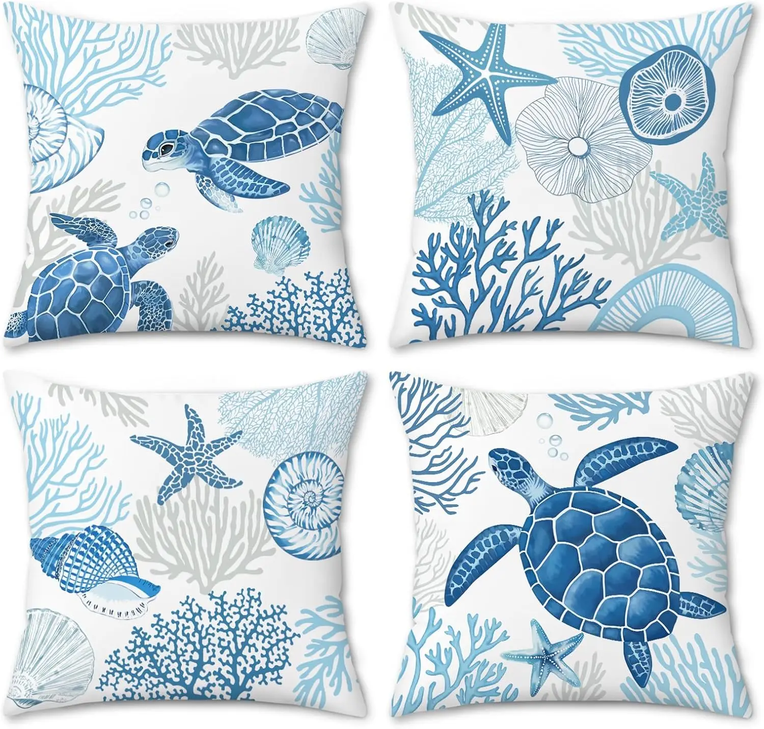 4Pcs Nautical Throw Pillow Covers, Watercolor Cushion Cases with Turtle Coral and Seashell Prints for Living Room Bedroom Sofa