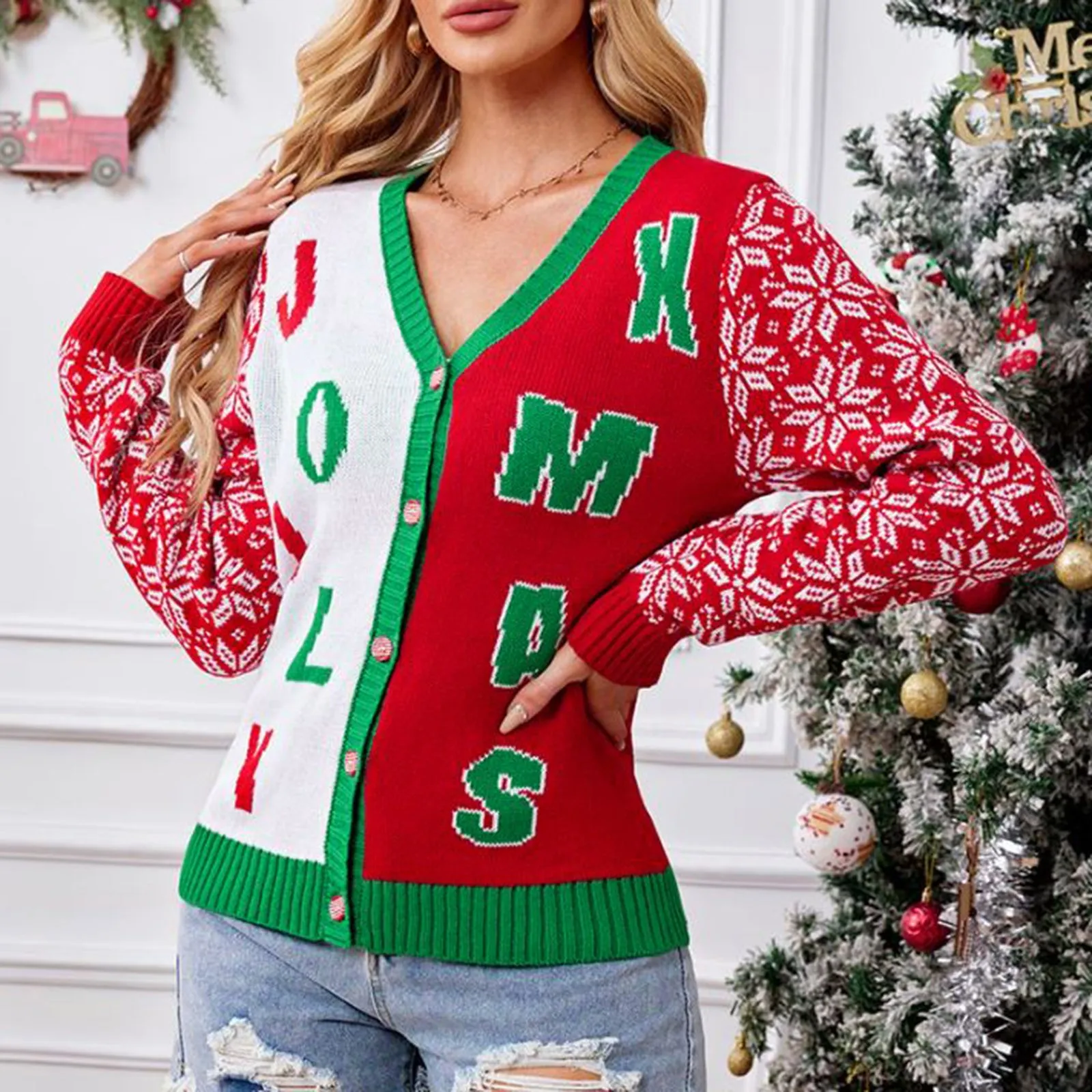 Women's V Neck Jacquard Christmas Snowman And Deer Winter Sweater Letter Knitted Loose Long Sleeved Wool Sweaters For Women