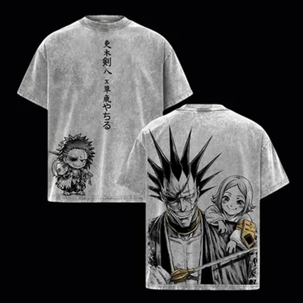 BLEACH Zaraki Kenpachi Anime T-shirt Men Women Clothing Y2k Vintage Washed T Shirt Summer Short Sleeve 100% Cotton Tees Tops
