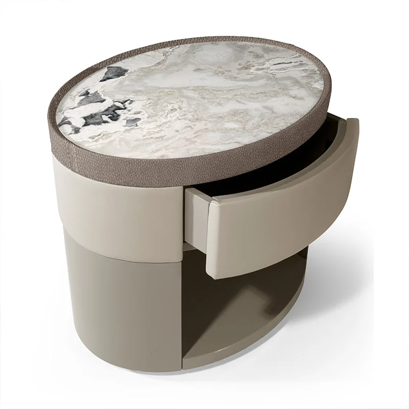 -About Luxury Solid Wood Marble Countertop Round Nightstand Table Bedside Cabinet Italian Contemporary Villa Luxury Nightstand*