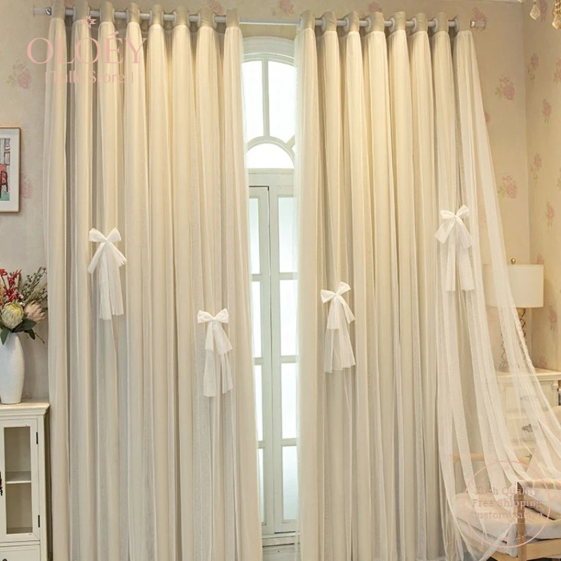 

New Cream Full Blackout Lace Curtain Double Layered Girls Cloth Sheer Fabric Combined for Bedroom Living Room Balcony Bay Window
